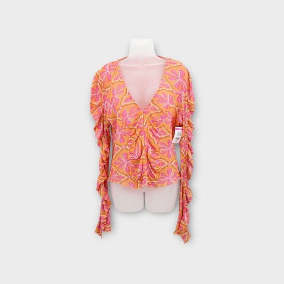 Free People Through The Meadow Top Grapefruit Seltzer Size Large Orange V-Neck - Picture 1 of 10